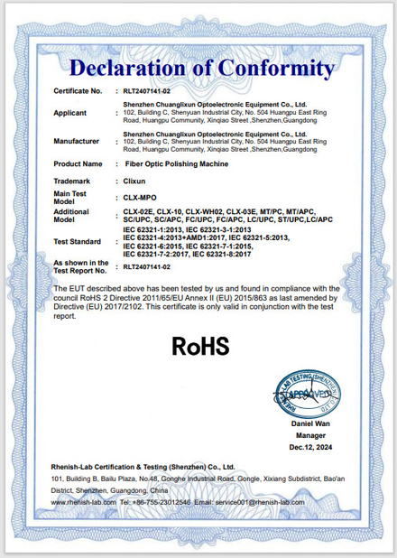 China Shenzhen Chuanglixun Optoelectronic Equipment Co., Ltd. certificaciones